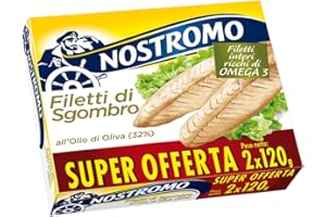 Nostromo - Filetti di Sgombro interi all'olio di oliva, 2 Lattine da 120 gr. Ricchi di Omega 3, senza conservanti.