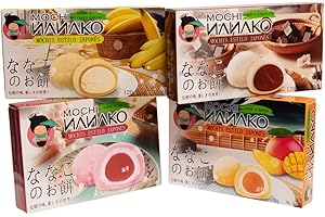 Japon Market - Pack 4 Mochi Giapponesi: Mango, Fragola, Cioccolato e Banana con Cioccolato Nero – Dolce Asiatico, Dessert Esotico – 180g – Scatola di Dolci Giapponesi, Dolci Giapponesi, Set di Mochi