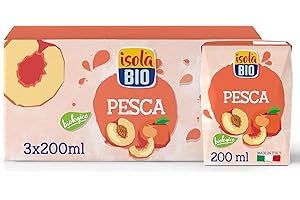 Isola Bio Succo di Frutta Biologico Pesca, 100% Ingredienti Naturali, Frutta Italiana in Mini Brik per Colazione e Merenda, Formato 3 confezioni da 200 ml