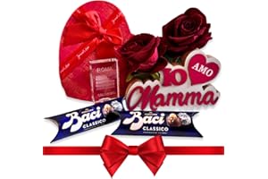 Baci Perugina Idee Regalo Festa Della Mamma 2025 - Scatola Regalo a Cuore + Baci Perugina 2x37,5gr +2 Rosa Eterna Artificiale + Scritta di Legno Mamma + Omaggio Vetro Incisione 3D