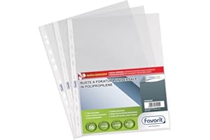 Favorit 100460039 Buste Foratura Universale, Formato Interno 22 x 30 cm, Finitura Liscia Ultra Trasparente, Possono Contenere Molti Fogli A4, Confezione da 50 Pezzi, Trasparenti