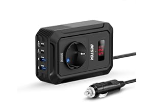 BESTEK 200W Inverter 12v 220v 230V 240V Onda Pura,Inverter Auto con Prese AC 2 USB-C (65 W e 30 W) 2 USB-QC (18 W),Convertitore Potenza per Camper/Barca a Onda Sinusoidale Modificata（Nera）