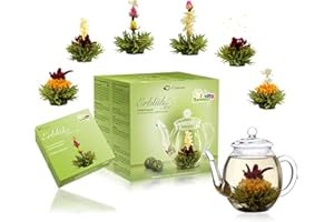 Creano - Set regalo con caraffa in vetro e tè verde aromatizzato alla frutta (6 varietà di fiori da tè), con sfere che si trasformano in fiori, idea regalo per Natale
