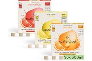 waterdrop® Set Microdrink, ARANCIA, LIMONE e POMPELMO, 36 cubetti effervescenti senza zucchero per aromatizzare l'acqua, Estratti di frutta e piante, Acqua Aromatizzata senza infusione a freddo