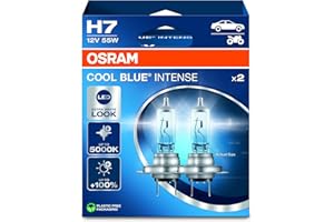 OSRAM COOL BLUE INTENSE H7, +100% di luminosità in più, fino a 5.000 K, lampada frontale alogena, aspetto LED, scatola pieghevole sospesa (2 lampade)