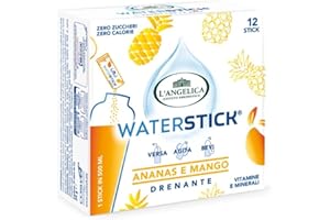 L'Angelica, Waterstick Drenante, 1 astuccio da 12 Stick Aroma per Acqua Senza Zucchero, Gusto Ananas e Mango, Ideale contro Stanchezza e Affaticamento