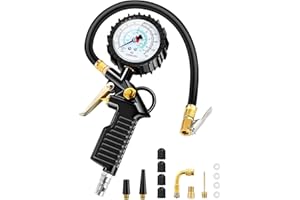 BURNNOVE Manometro per Pneumatici 220 PSI Manometro Pressione Gomme con 4 Tappi Valvola 2 Ugelli 1 Valvola Francese 1 Stelo di Prolunga in Metallo 90 Gradi per Auto Moto Biciclette