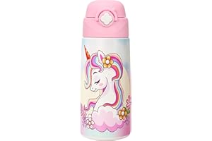 Kiocko Borraccia Per Bambini, In Acciaio Inox, 500 Ml, Certificata TüV, Senza Bpa,Bottiglia Acqua Con Cannuccia A Prova Di Perdite, Per Scuola, Asilo (Unicorno)
