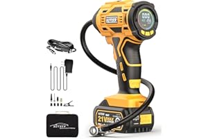 AUTDER Compressore Aria Portatile Senza Fili 180 PSI, Gonfiatore Pneumatici per Auto, Moto e Bicicletta con Manometro LCD, Luce LED, Batteria 21V Ricaricabile e Alimentazione 12V DC - Giallo