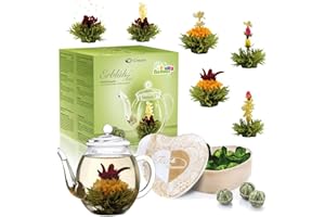 Creano Set regalo 'Erblühtee', miscela di tè ai fiori in scatola di legno - 6 tipi di tè verde incl. teiera in vetro 500ml