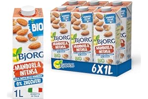 BJORG Bevanda di Mandorla Intensa Biologica 0% Zuccheri, Bevanda Vegetale a Basso Contenuto di Grassi, Ottima per Cappuccino, Senza Glutine, Gusto Intenso, Vegan, Formato 6 x 1L