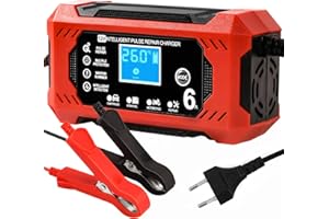 Caricabatterie Auto, 6A 12V Mantenitore Batteria Moto Intelligente Mantenitore di Carica Moto Auto con Schermo LCD Carica Batterie per Auto Moto Barche AGM