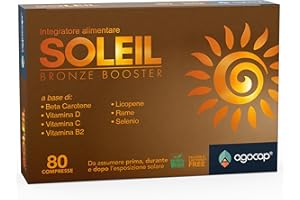 Acceleratore Abbronzatura Forte, SOLEIL. Integratore abbronzatura, 80 compresse con Betacarotene, Rame, Selenio, Licopene, Vitamine C, D, E, B. Autoabbronzante corpo - Prepara, Accelera e mantiene