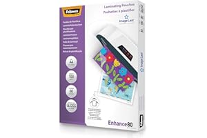 Fellowes Pouches per plastificazione per documenti, formato A4, finitura lucida, confezione da 100 pezzi, 160 micron (2 x 80 micron) Finitura di alta qualità, ideali per foto e avvisi