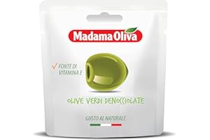 MADAMA OLIVA, Olive Verdi Denocciolate dal Colore Verde Intenso e Gusto Deciso, 100% Made in Italy, Senza Conservanti Aggiunti, 100% Vegetale, Pratica Busta in Alluminio da 30 gr