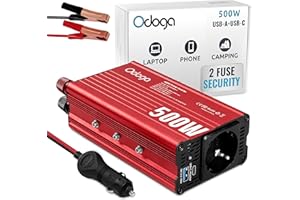 Odoga Inverter 12v 220v Auto – Convertitore 500W – Adattatore Presa Auto a Presa Accendisigari – Trasformatore per Automobile & Camper con Porte USB-A e USB-C da 3A