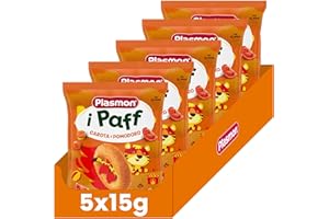 Plasmon Snack i Paff Carote e Pomodoro 15gr 5 Confezioni Snack non fritti e senza sale aggiunto, perfetti per le manine del tuo bambino
