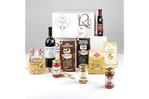 RE REGALO ITALIA IN TAVOLA Cesto Alimentare Kit 9 pezzi, Sugo all'arrabbiata, Taralli di Puglia, Verdure grigliate, Pasta ai porcini e al nero di seppia, Aceto balsamico di Modena, Bottiglia di vino