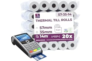 Rotoli Pos 57mm x 14m x 12mm - Rotolo di carta termica per ricevute bancomat - Rotolini compatibili con dispositivi pos 57x35x12 - Rotolini Pos (20 Rotoli)