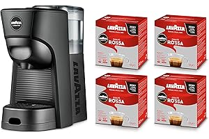 Lavazza, A Modo Mio Macchina per Caffè Tiny Eco Nera con 64 Capsule Qualità Rossa Incluse, Macchina per Espresso in Plastica Riciclata, 1450 W, 220-240 V, 50/60 Hz, 0.6 Litri