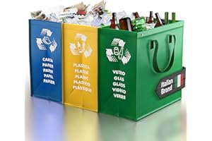 PTMS® Borse Raccolta Differenziata - 3 Bidoni Differenziata da Interno ed Esterno per Carta, Plastica e Vetro - Set Bidoni per Raccolta Differenziata Interno in Colore di Riciclaggio
